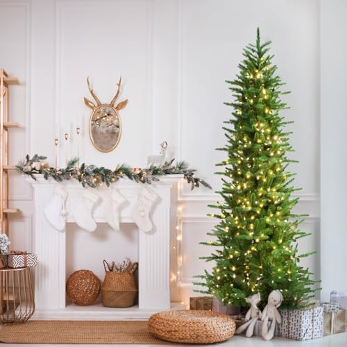 9 Ft. Carmel Pine Slim Artificial Christmas Tree with Warm White LED Lights and Stand
