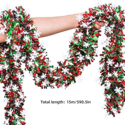 50 Feet Green Red Christmas Metallic Tinsel Twist Hanging Garland with Snowflake for Home Mantle Xmas Tree Staircase Railing New Year Holiday Party Indoor Outdoor Decorations (4 Foot)