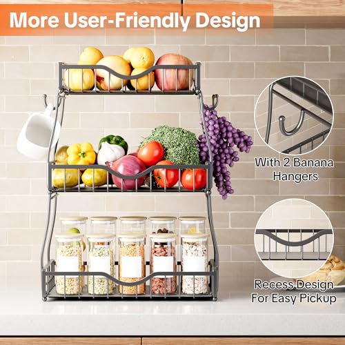 3 Tier Fruit Basket for Kitchen Countertop with 2 Banana Hangers