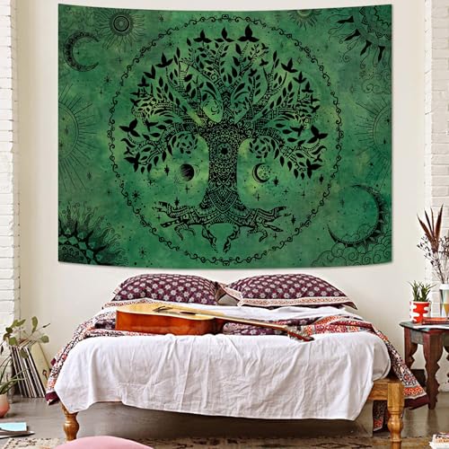 Tree of Life Mandala Tapestry Boho Tapestry for Bedroom Green Tapestries Wall Hanging Living Room Wall Art and Home Decor 44x60