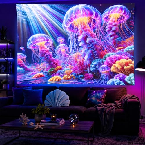 Black Light Tapestry 78x59 Inch Jellyfish Poster