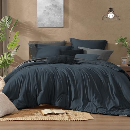 Full Comforter Set 7 Pieces Navy Blue Cationic Dyeing Bed in a Bag