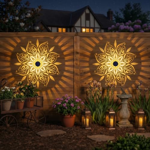 2 Pack Solar Fence Lights Metal Solar Powered Outdoor Wall Deck Step Lights Mandala Theme Waterproof Fence Light for Garden Post Patio Backyard Yard Decor (2 Count)