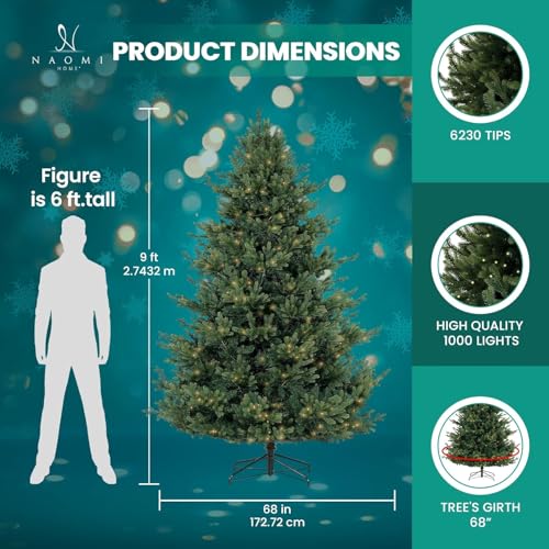 9ft Traditional Christmas Tree with Lights Realistic Classic Christmas Tree Prelit with 6230 Branch Tips 1000 Warm Lights and Metal Stand Aritificial