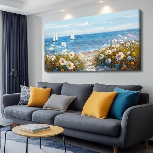 Large Blue Ocean Landscape Canvas Printing Picture Wall Art For Living Room Farmhouse Dinin Mural White Flowers Bedroom Office Wall Decor Home Decor Painting Easy To Hang 30x60 Inches