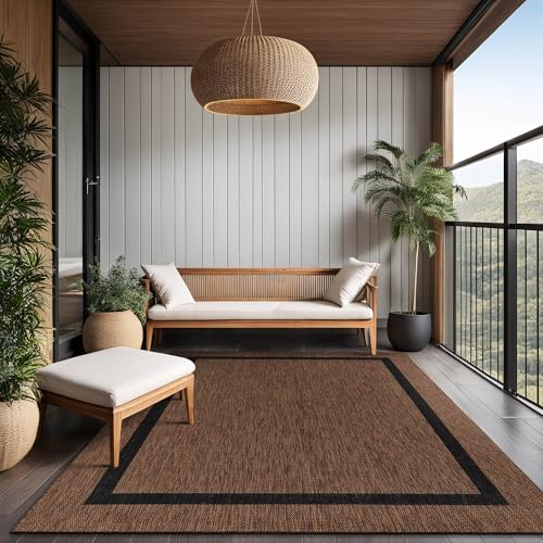 Bordered Outdoor Rug 6x9 Washable Outside Carpet for Indoor Patio Porch Waterproof Easy Cleaning Non Shedding Area Rugs Nut Brown