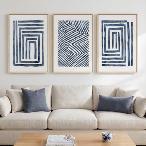Large Framed Navy Blue Abstract Wall Art for Living Room (3 Count)