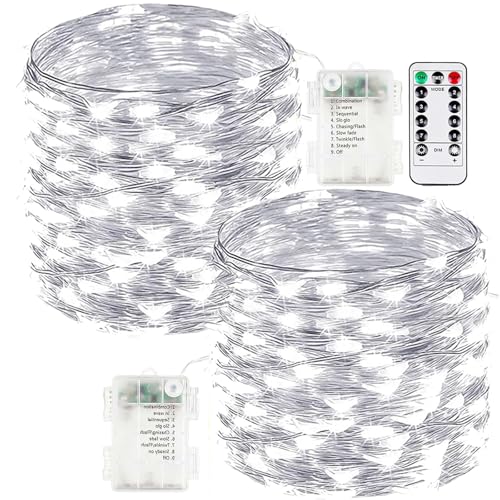 2 Pack Fairy Lights Battery Operated with Remote 66FT 200 LED Cool White (2 Count)