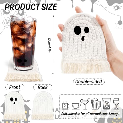 Halloween Ghost Cotton Coasters Cute White Ghost Shape Handmade Braided Drink Coasters with Tassel Absorbent Cup Mats for Trick or Treat Party Home Table Decor (4 Count)