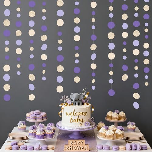 Champagne Gold Purple Cream Nude Polka Dots Garland Lavender Hanging Paper Circle Dot Streamer for Birthday Wedding Shower Engagement Bridal Shower Lilac Violet Theme Party Decorations Supplies