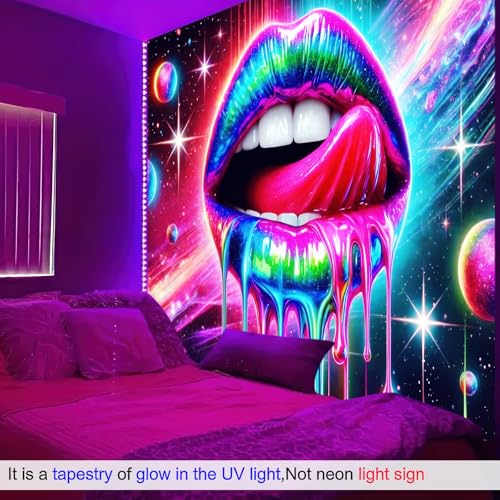 Blacklight Tapestry Rainbow Lips Neon Decor 78 x 59 Inch