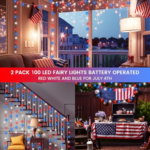 2 Pack 100LED Red White and Blue Lights Battery Operated