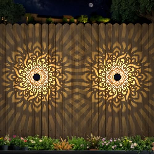 2 Pack Large Solar Fence Lights Metal Solar Powered Outdoor Wall Deck Step Lights Mandala Theme Waterproof Fence Light for Garden Post Patio Backyard Yard Decor (2 Count)