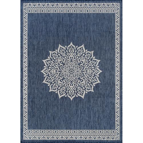 Outdoor Rug 8x10 Medallion Blue Modern Area Rugs for Indoor and Outdoor Patios Kitchen and Hallway Mats Washable Porch Deck Outside Carpet (80 Sq Ft)