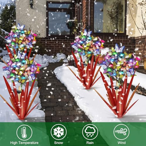 Solar Metal Agave Butterfly Flower Stick Garden Sculpture (3 Count)