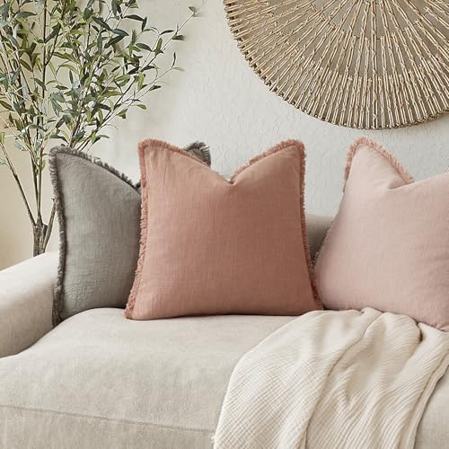 Decorative Linen Fringe Throw Pillow Covers 22×22 Coral Pink (2 Count)