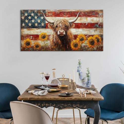 Country Highland Cow Wall Art for Living Room Rustic Retro Vintage American Flag Sunflower Canvas Painting Prints Highland Cattle Artwork Farmhouse Bedroom Office Decor