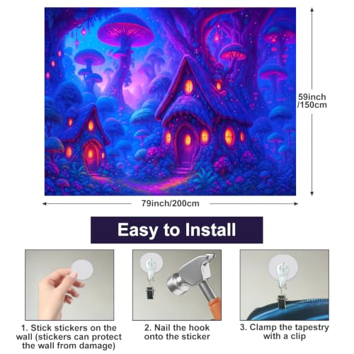 Blacklight Tapestry Mushroom Fairy UV Wall Art 78 x 59 Inch