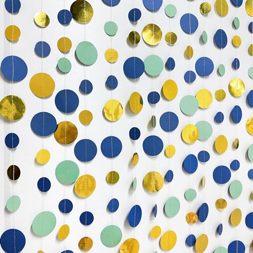 Blue Gold Green Decorations Circle Dots Garland Metallic Gold Navy Blue with Sage Green Hanging Polka Dot Streamer for Birthday Bridal Shower Wedding Bachelorette Engagement Party Supplies