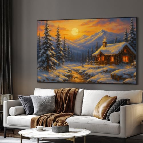 46"x72" Extra Large Framed Wall Art Cozy Cabin in Snowy Mountain Landscape at Sunset for Home Living Room Bedroom Decor