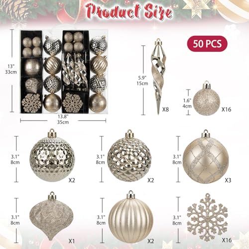 50PCS Christmas Tree Ornaments Set with Shatterproof Balls Icicle Snowflake Hanging Ornaments for Home Office Farmhouse Christmas Decorations (50 Count)