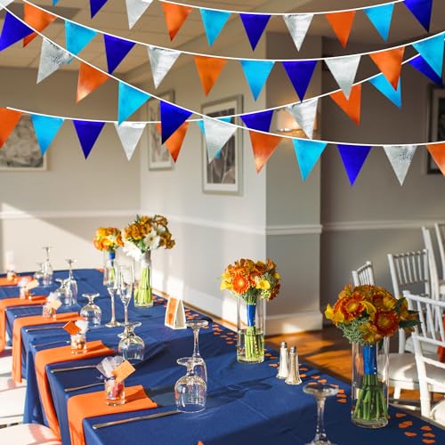 Orange Blue Silver Party Decorations Metallic Fabric Triangle Pennant Banner Flag Bunting Garland for Space Theme Birthday Wedding Bridal Shower Baby Shower Engagement Graduation Party Supplies (36 Count)