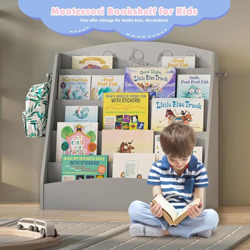 5 Tier Kids Bookshelf Montessori Toddler Book Rack Gray