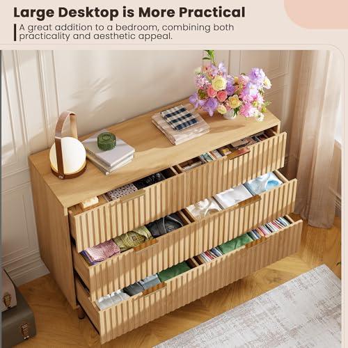 47.2" Fluted Natural 6 Drawer Dresser for Bedroom