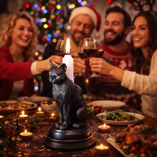 Gothic Black Cat Candle Holder Statue