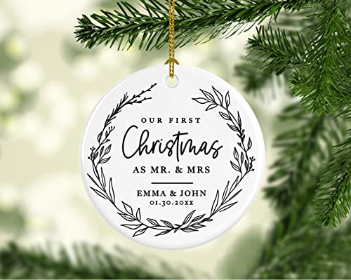 Personalized Our First Christmas As Mr. & Mrs. 2026 Christmas Ornaments Modern Farmhouse Wreath 2.8" Round Porcelain Ceramic 1st Year Married Custom Ornament Keepsake for Newlyweds 1
