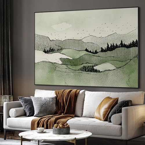 60"x72" Extra Large Framed Wall Art Green Line Art Mountain Landscape Illustration for Home Living Room Bedroom Decor