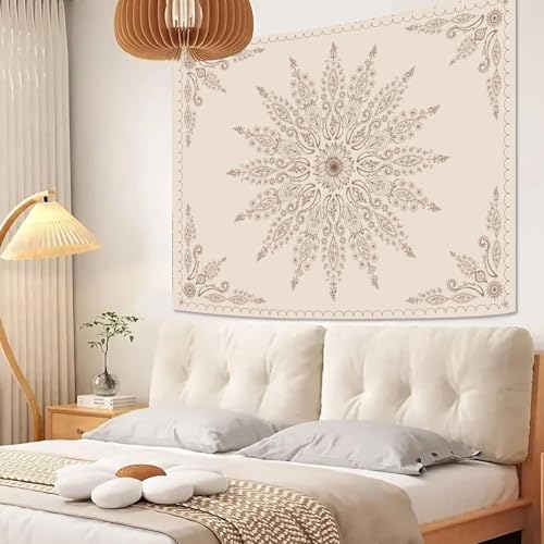 Boho Floral Mandala Tapestry for Bedroom Aesthetic Bohemian Flower Wall Tapestry Beige Hippie Indian Extra Large Tapestries Wall Hanging for Living Room Dorm Decor 90 x 68 Inch