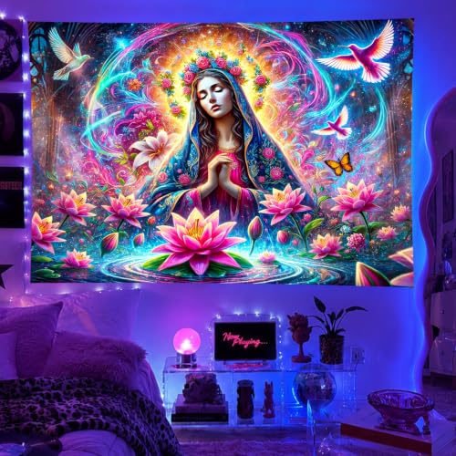 Virgin Mary Psychedelic Floral Art Blacklight Tapestry 78x59 Inch