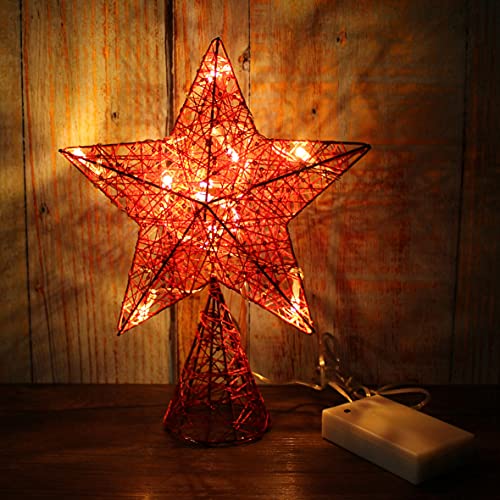Red Tree Top Star with Warm White LED Lights and Timer for Christmas Ornaments and Holiday Seasonal Décor