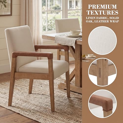 Modern Dining Chairs Set of 6 Linen Fabric Kitchen Arm Chairs Upholstered Accent Chairs with Wooden Legs for Dining Room (6 Count)