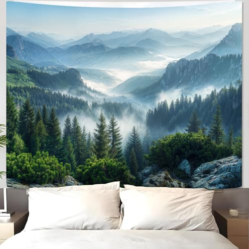 Nature Forest Mountain Tapestry Green Misty Pine Tree Tapestry for Bedroom Aesthetic Foggy Woodlands Sky Landscape Tapestries Wall Hanging for Living Room Dorm 60 x 44 Inch
