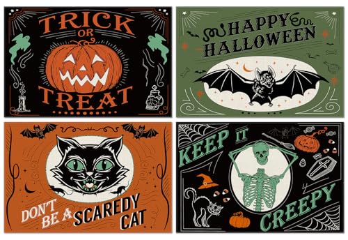 4Pcs Halloween Placemats Pumpkin Bat Black Cat Skeleton Table Mat Vintage Decorative Place Mats for Party Table Setting Decor (4 Count)