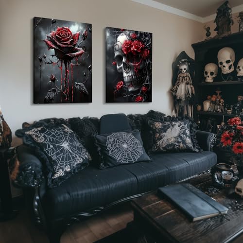Wrapped Canvas Dark Goth Crow Rose Skull Wall Art Set of 3 (3 Count)