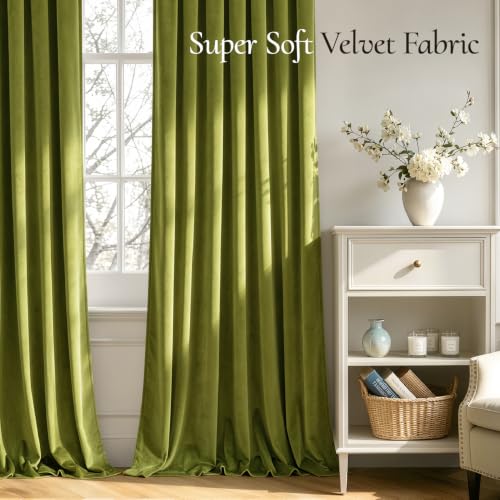 Moss Green Blackout Velvet Curtains Drapes 96 Inch Long 52"x96" (2 Count)