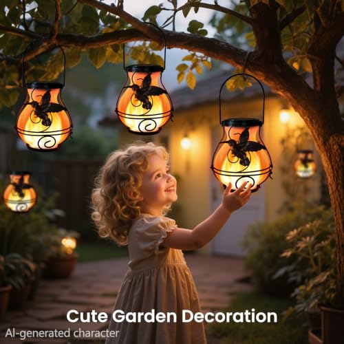 2 Pack Solar Lanterns Outdoor Waterproof Flickering Flame Lights Hummingbird Metal Hanging Solar Lantern Patio Porch Garden Decoration (2 Count)