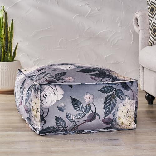 Traditional Velvet Flower Print Cube Pouf Ottoman Foot Stool