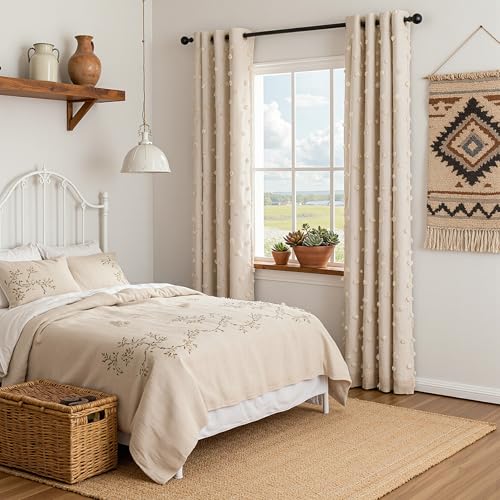 100% Blackout Curtains for Girls Bedroom 95 Inch Long Total Room Darkening Curtain for Living Room 2 Panels Grommet Light Blocking Sliding Door Drapes Beige Pom Pom Sheer 50 x 95 Inch (2 Count)
