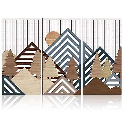 Abstract Mountain Wood Wall Art Large Geometric Forest Pine Trees Wooden Wall Decor Boho Sun Nature Landscape Wall Decor for Bedroom Living Room Office