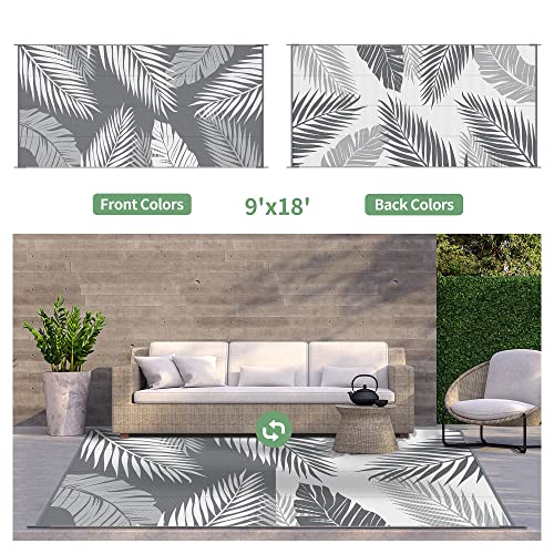 Outdoor Rug Waterproof Plastic Rugs 9'x18' for Camping Grey White