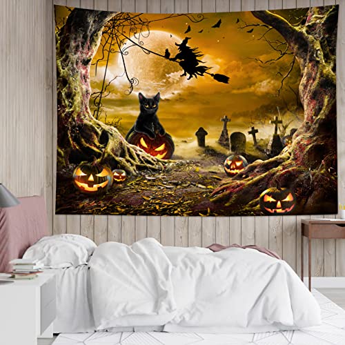Halloween Wall Tapestry Horror Witch Cat and Dead Tree Pumpkin Lights with Spooky Graveyard Tapestry Orange Full Moon over Misty Forest Wall Decor for Bedroom Living Room Dorm 92.5x70.9 Inches