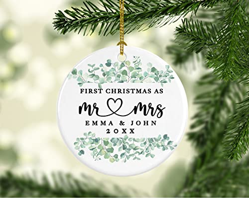 Personalized Our First Christmas As Mr. & Mrs. 2026 Christmas Ornaments Greenery Eucalyptus 2.8" Round Porcelain Ceramic 1st Year Married Custom Ornament Keepsake for Newlyweds 1