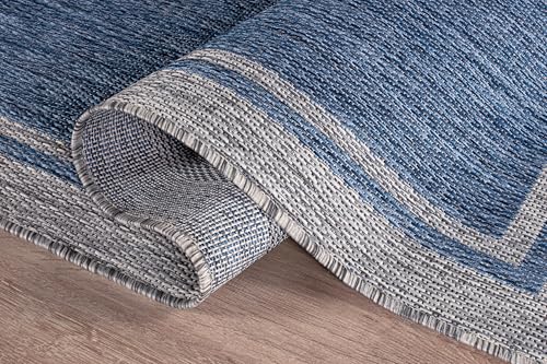 Outdoor Rug 5x7 Bordered Navy Blue Gray Modern Area Rugs for Indoor and Outdoor Patios (35 Sq Ft)