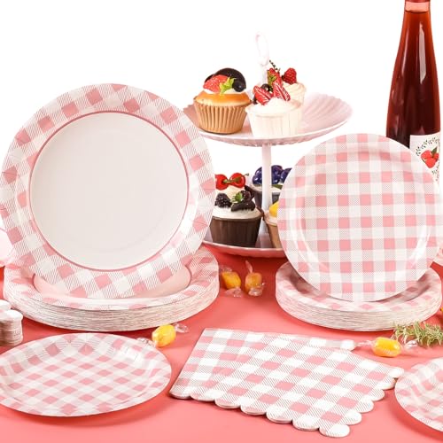 175 Pcs Pink Gingham Paper Plates and Napkins with Cups (175 Count)