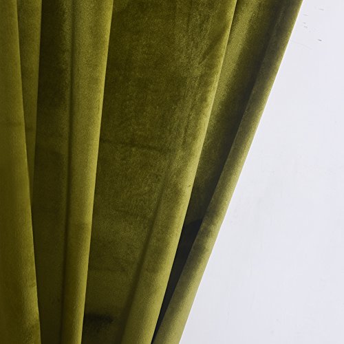 Super Soft Luxury Room Darkening Velvet Moss Green Thermal Blackout Curtain Panel Drapes Grommet Draperies Eyelet 52Wx84L inch Green Yellow