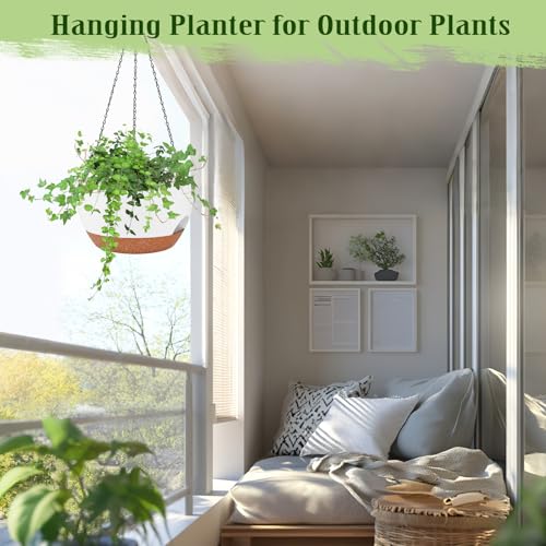 10 Inch Self Watering Hanging Planters with Metal Chain & Macrame Hangers (2 Count)